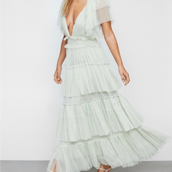 Tulle Tiered Plunge Maxi Dress - Picture 1 of 2